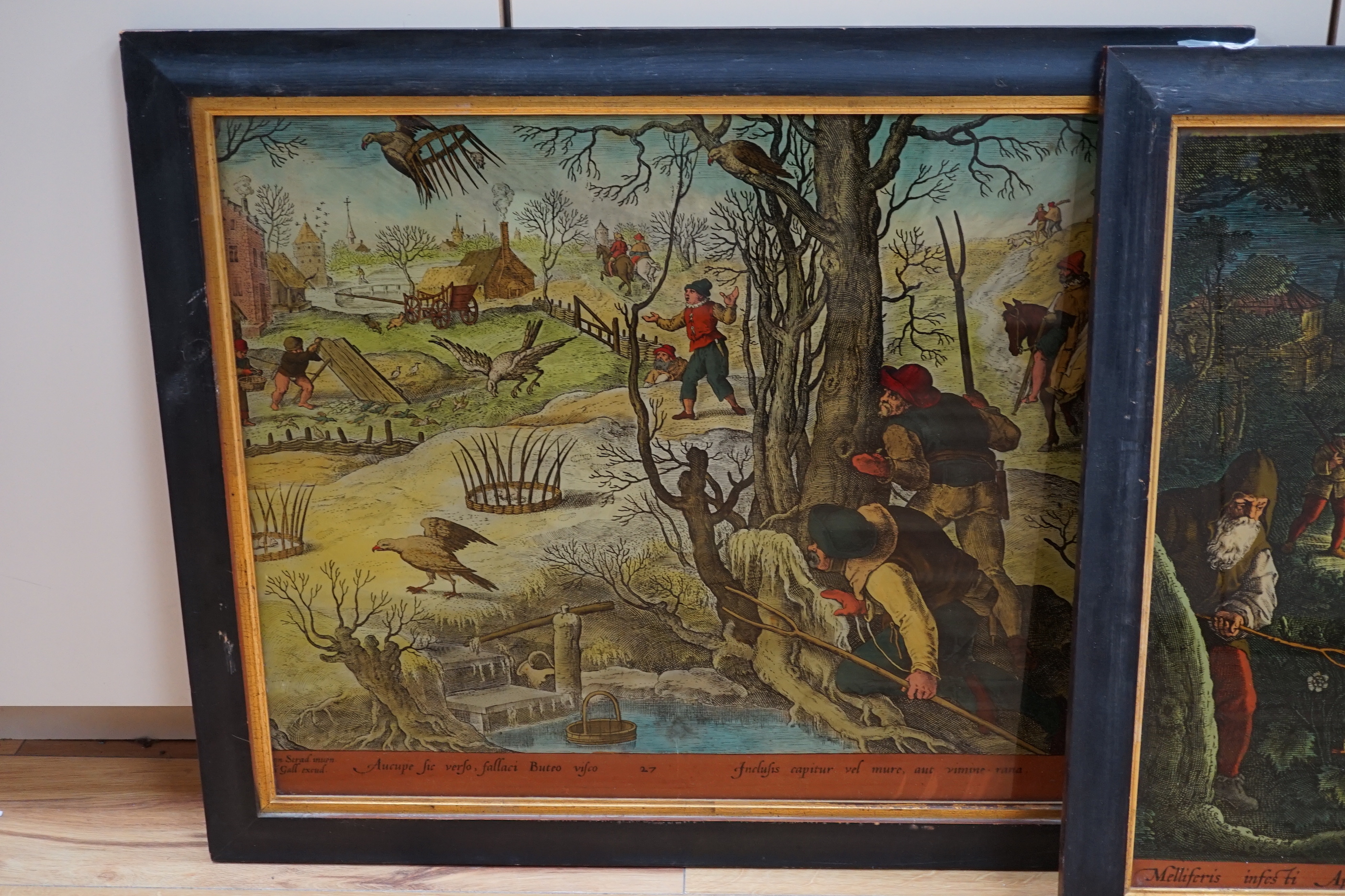 After Jan van der Straet (1523-1605) reverse glass picture,’Bird catchers capturing hawks’ together with another example, each 59cm x 49cm